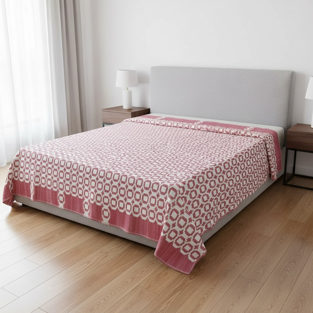 Rose Pink & Ivory Handwoven Cotton Bed Cover